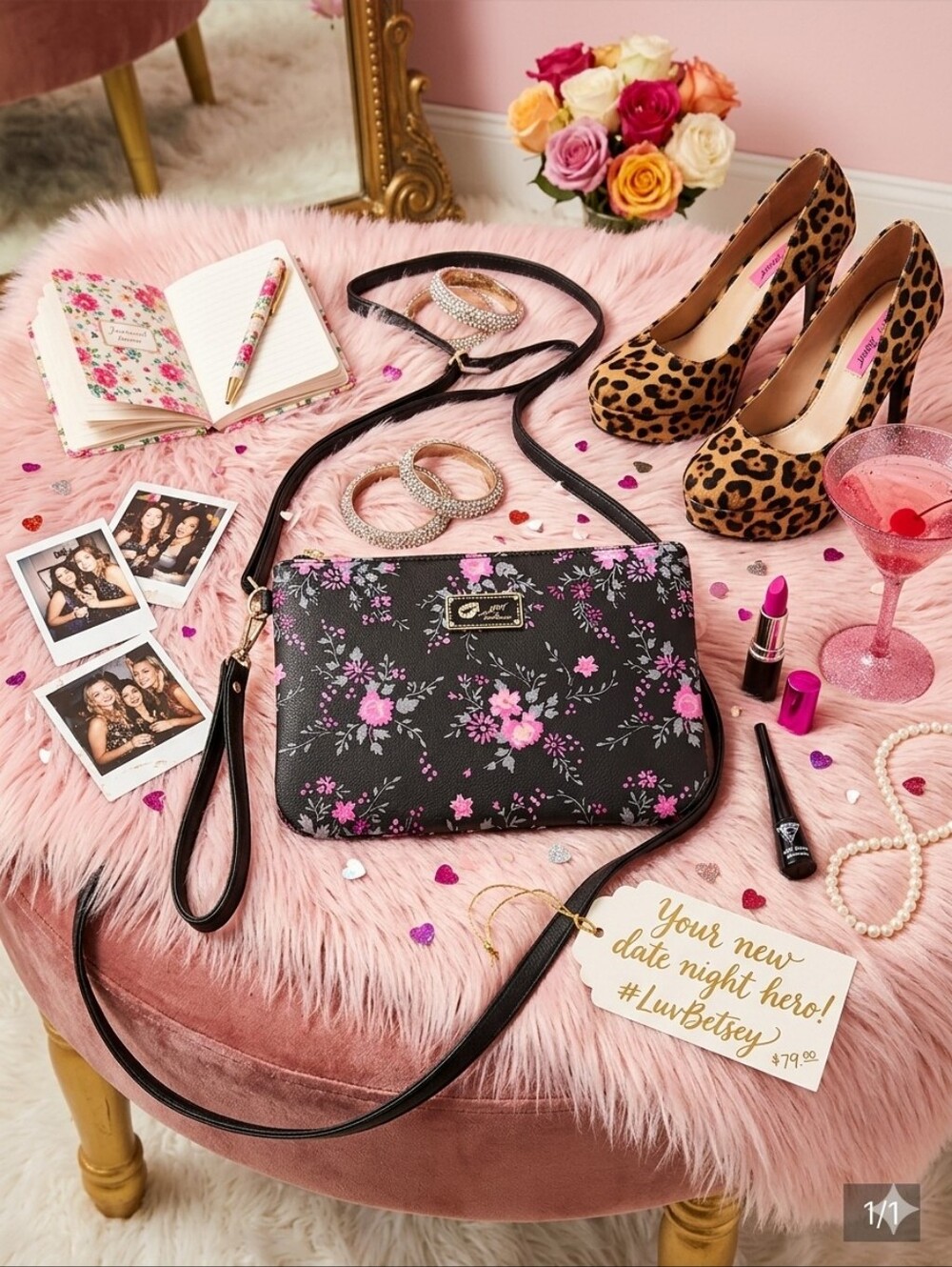Betsey Johnson Crossbody Bag with Pink and Gray Floral Print